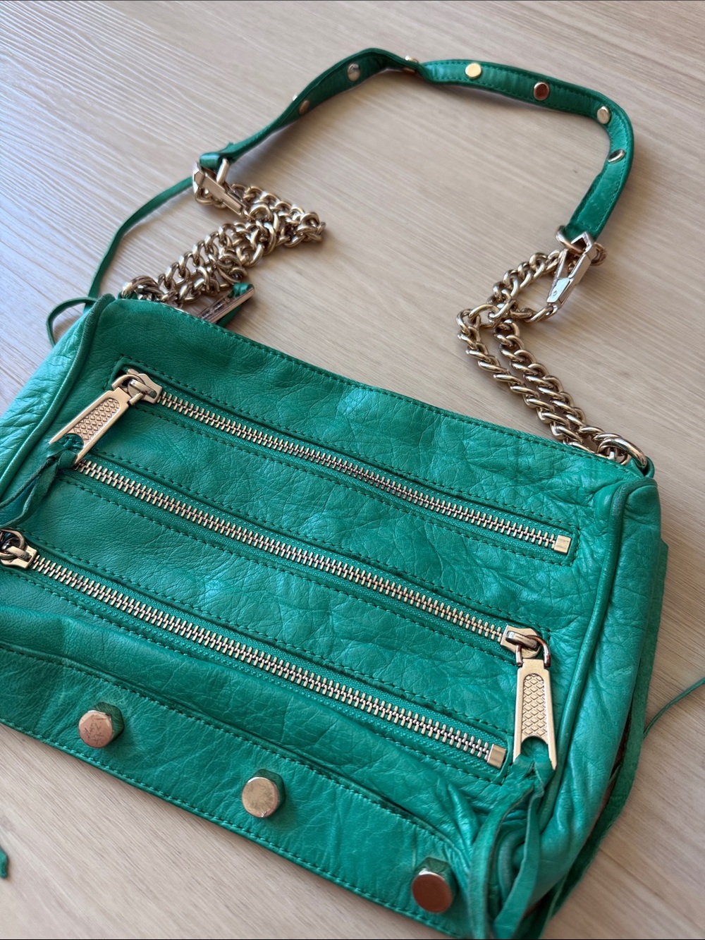 Rebecca Minkoff Emerald Green Leather Shoulder Bag with Gold Chain